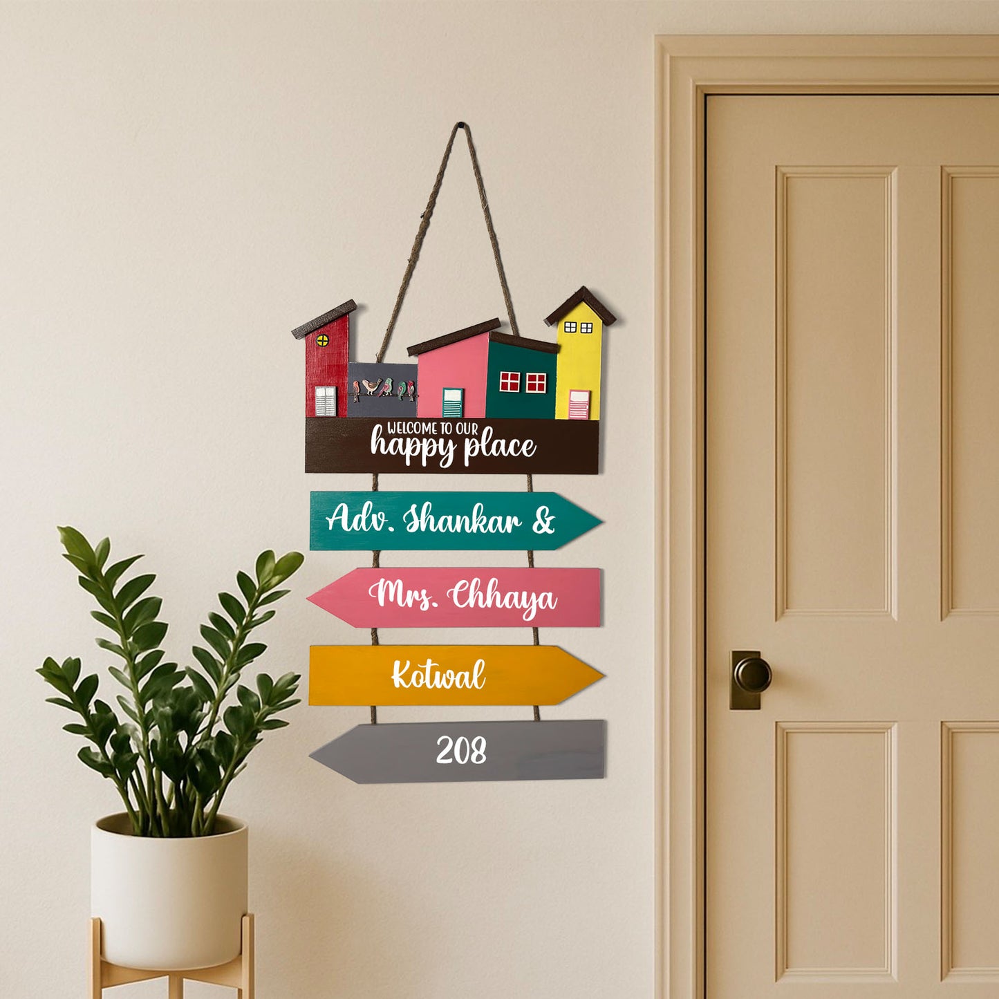 Hut-Shaped Hand-Painted Wooden Name Plate For Home - Hut Board & Four Planks Design 4