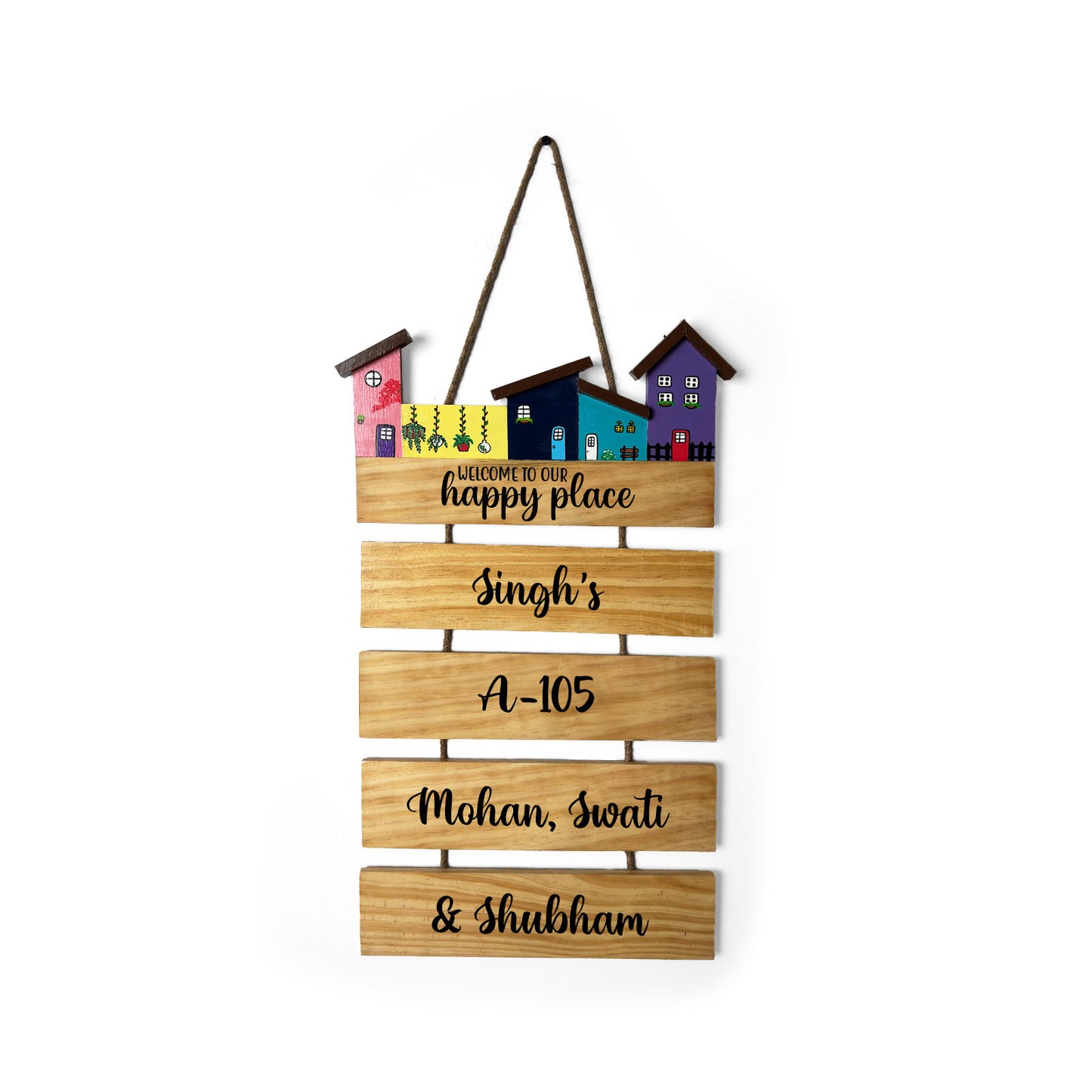 Hut-Shaped Hand-Painted Wooden Name Plate For Home - Hut Board & Four Planks Design 5