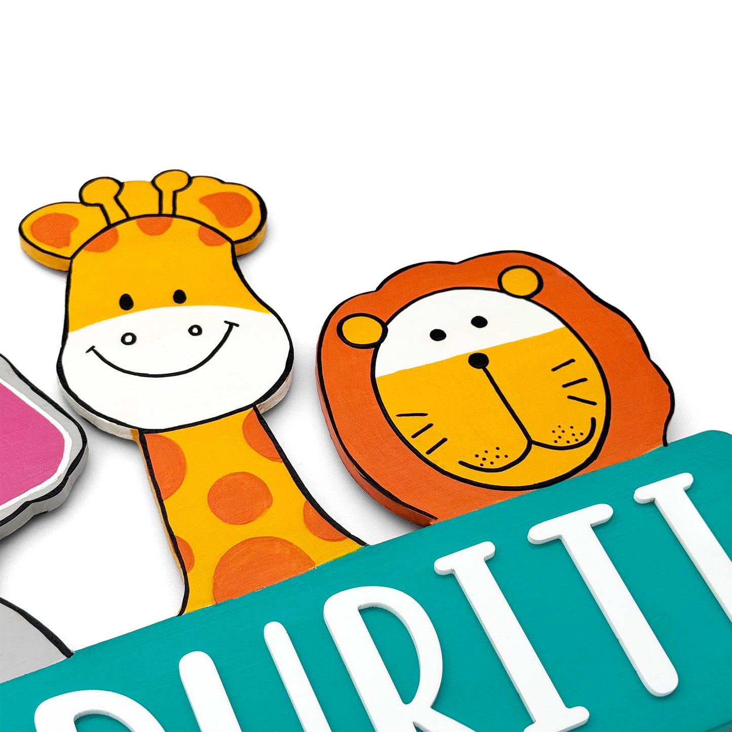 Animal Themed Hand-Painted Wooden Kids Name Plate - Teal
