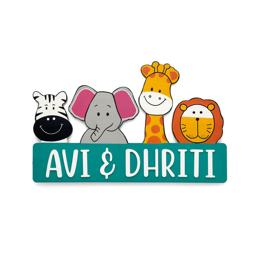 Animal Themed Hand-Painted Wooden Kids Name Plate - Teal