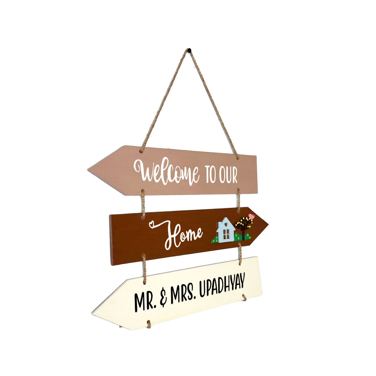 Welcome To Our Home Hand-Painted Wooden Three Arrow Plank Name Plate For Home - Brown