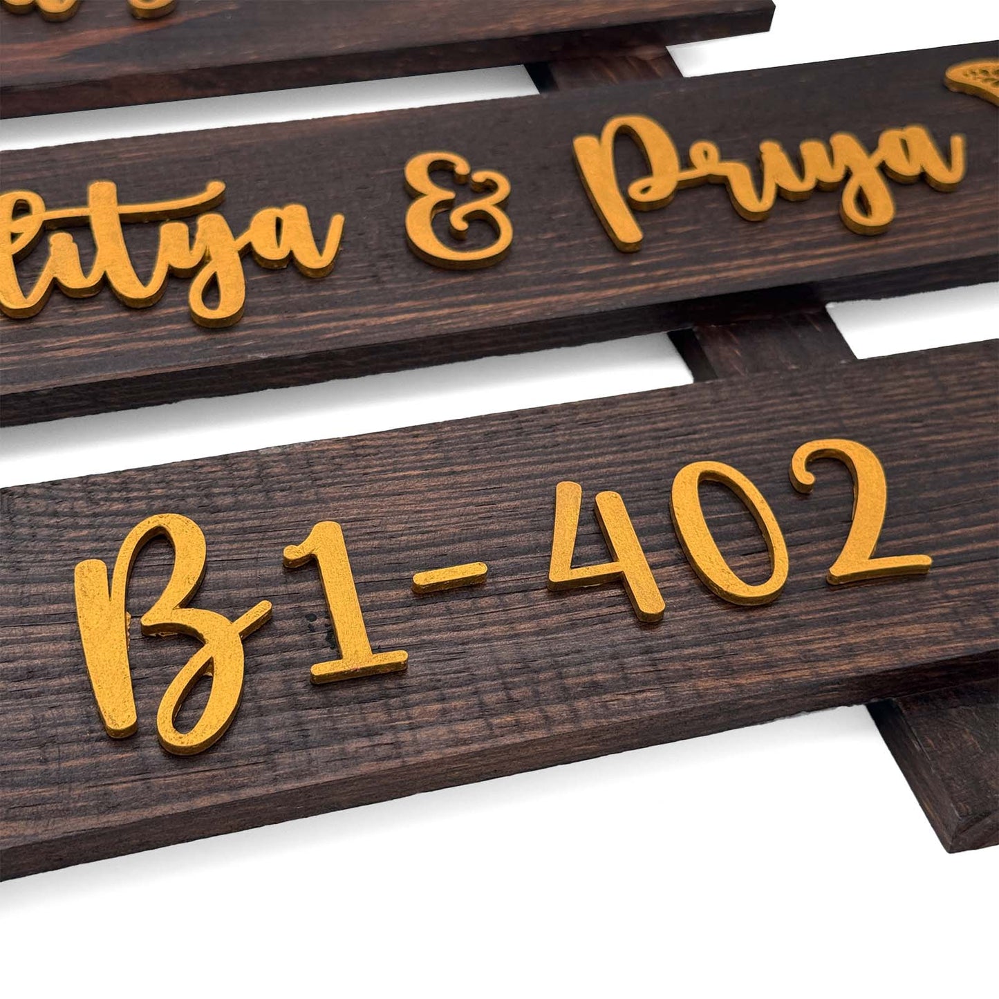 Butterfly & Flower Themed Hand-Painted Wooden Three Plank Name Plate For Home - Wooden Finish