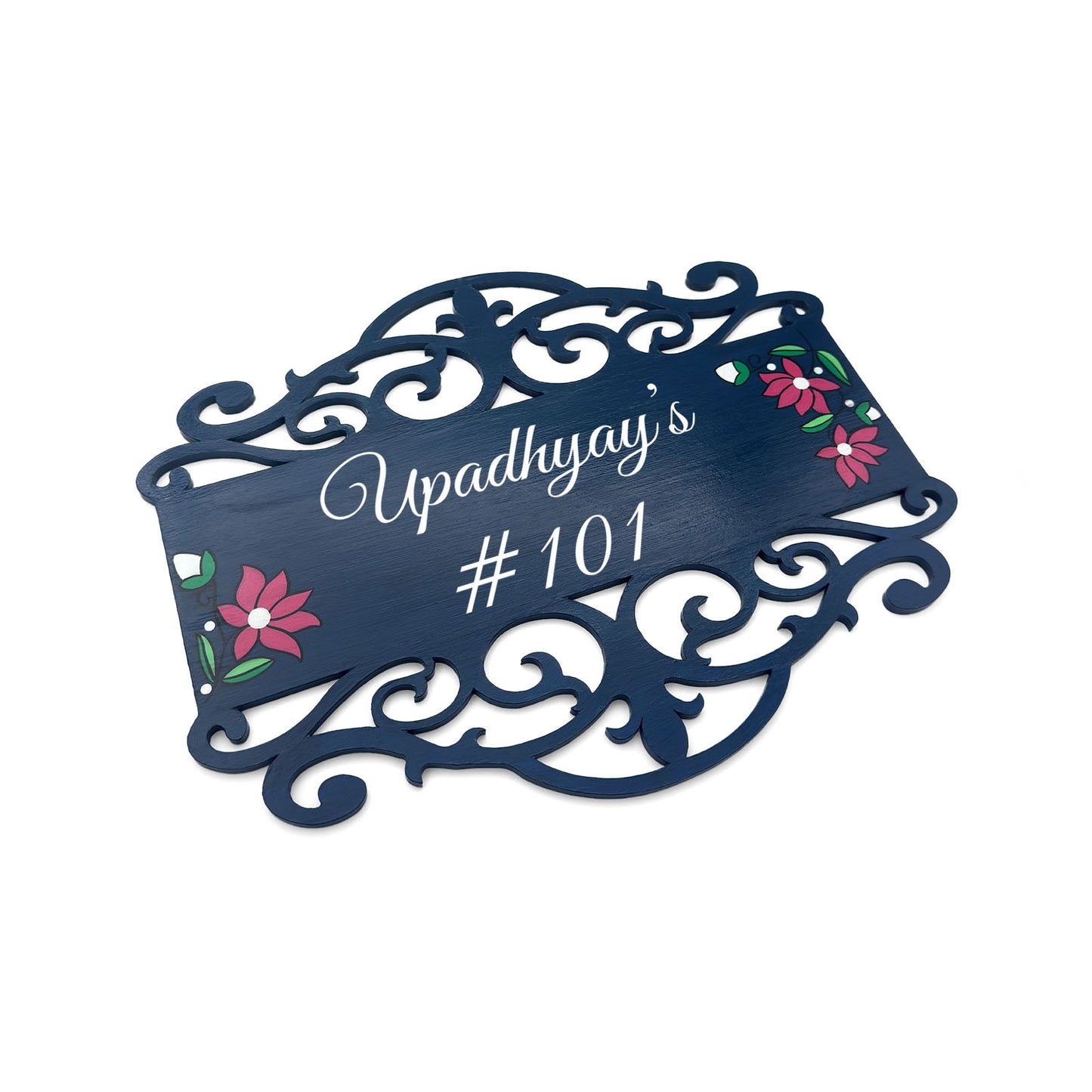 Lotus Artwork Hand-Painted Wooden Madhubani Name Plate For Home