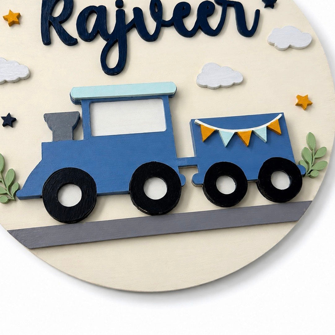 Train Themed Hand-Painted Wooden Round Kids Name Plate - Design 1