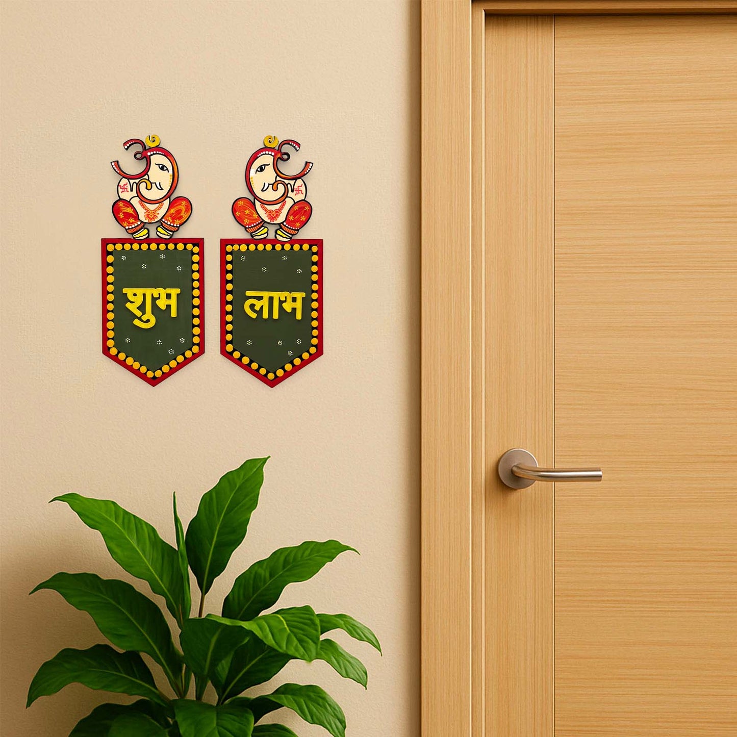 Shubh Labh Hand-Painted Wooden Wall Hanging - Design 1
