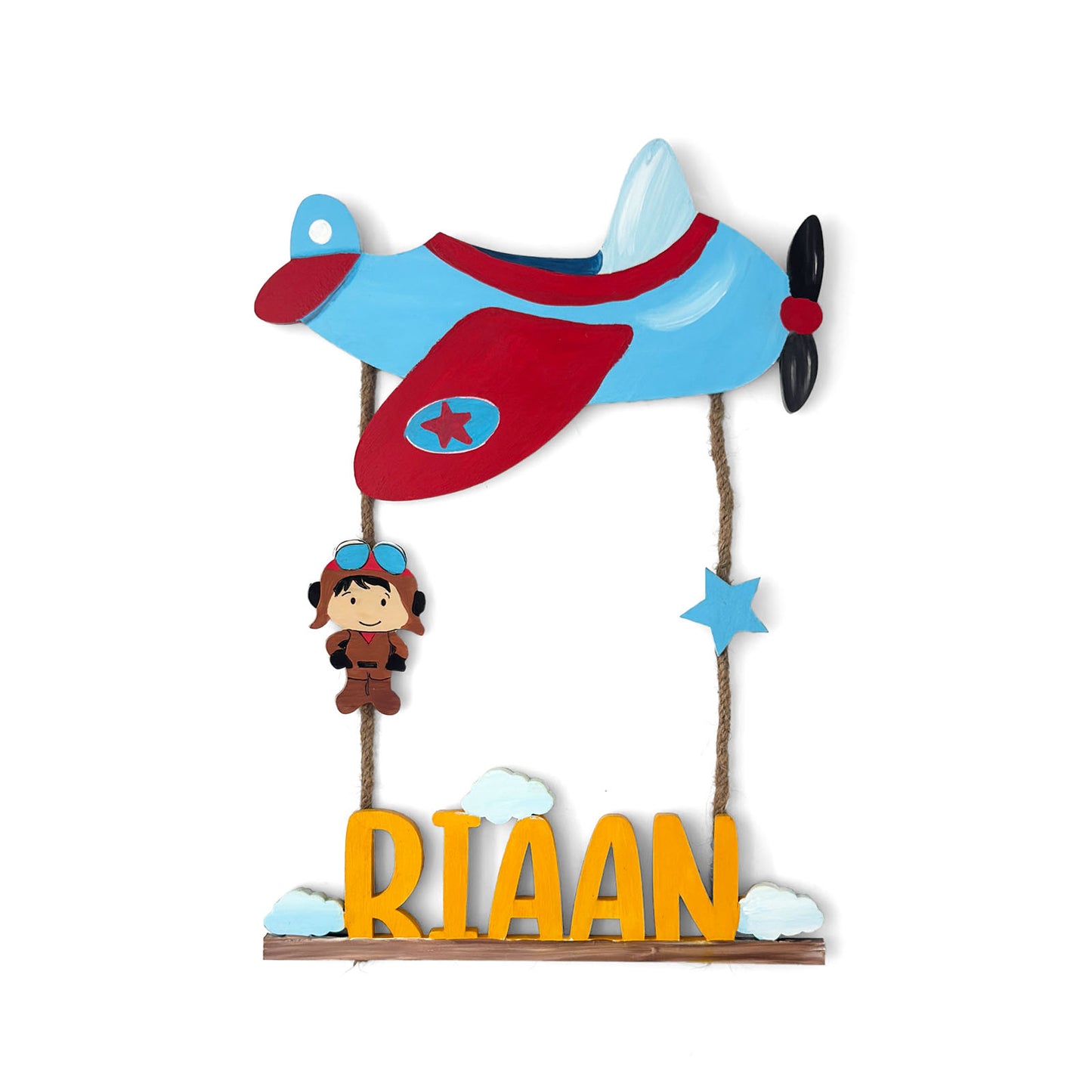 Airplane Pilot Themed Hand-Painted Wooden Kids Name Plate - Design 3