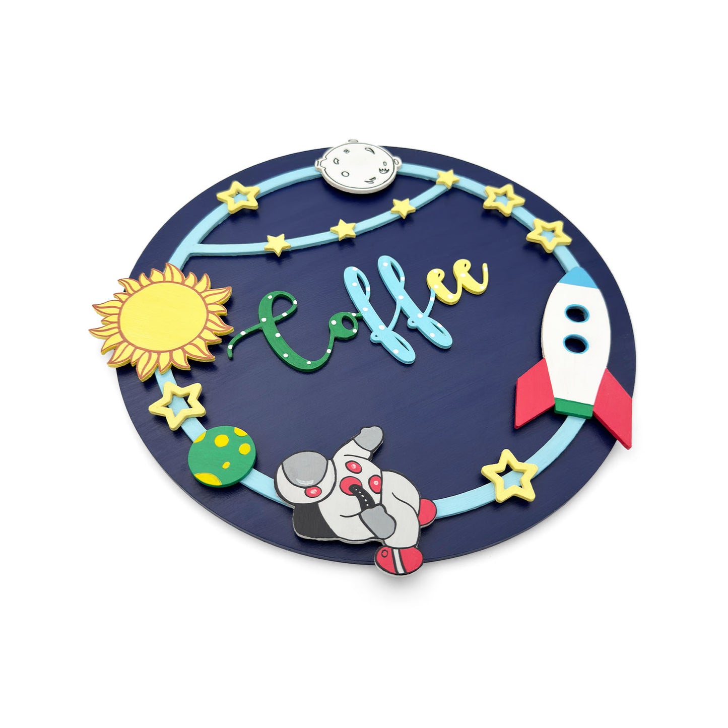 Space Themed Hand-Painted Wooden Round Kids Name Plate - Design 2