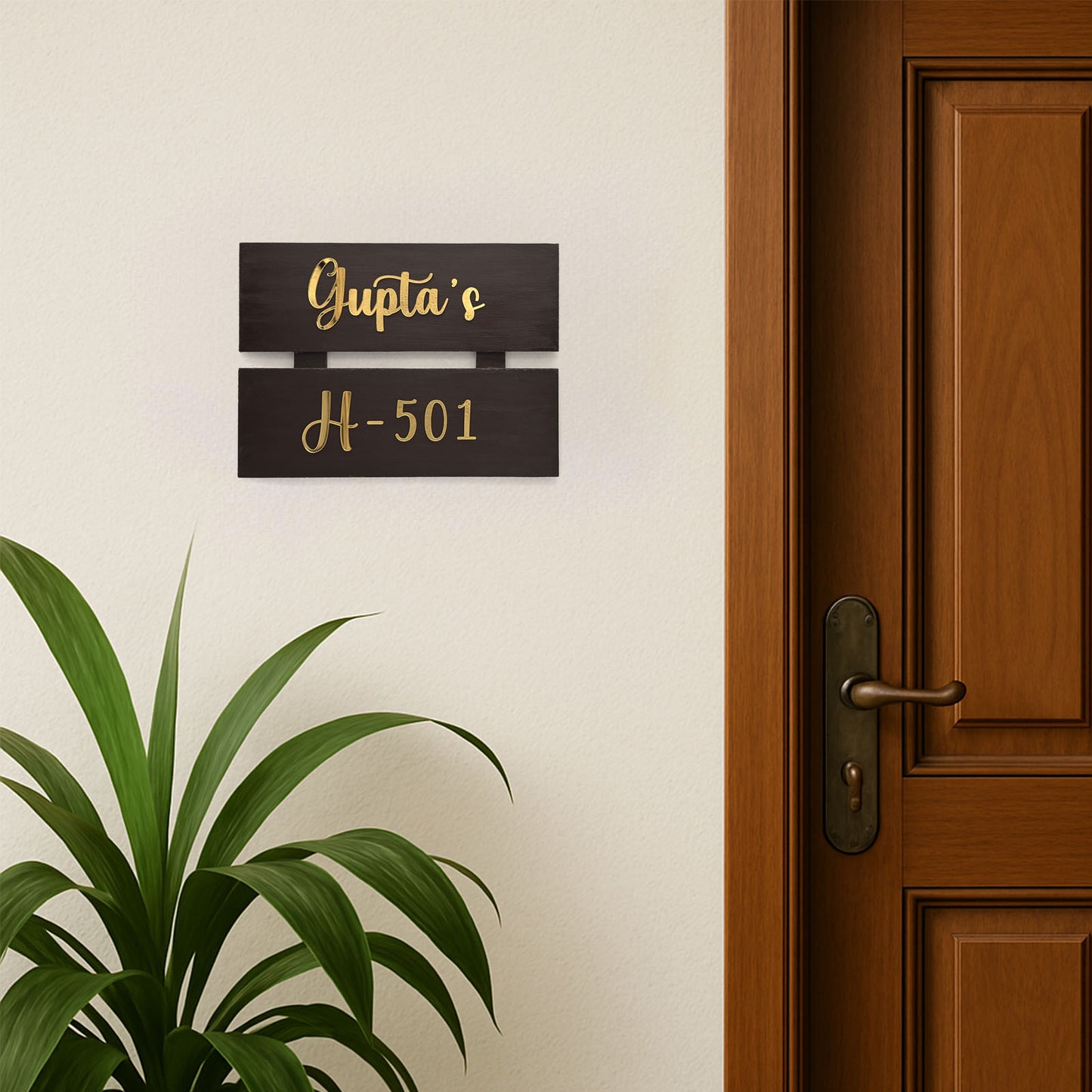 Hand-Painted Wooden Two Plank Name Plate For Home - Dark Brown