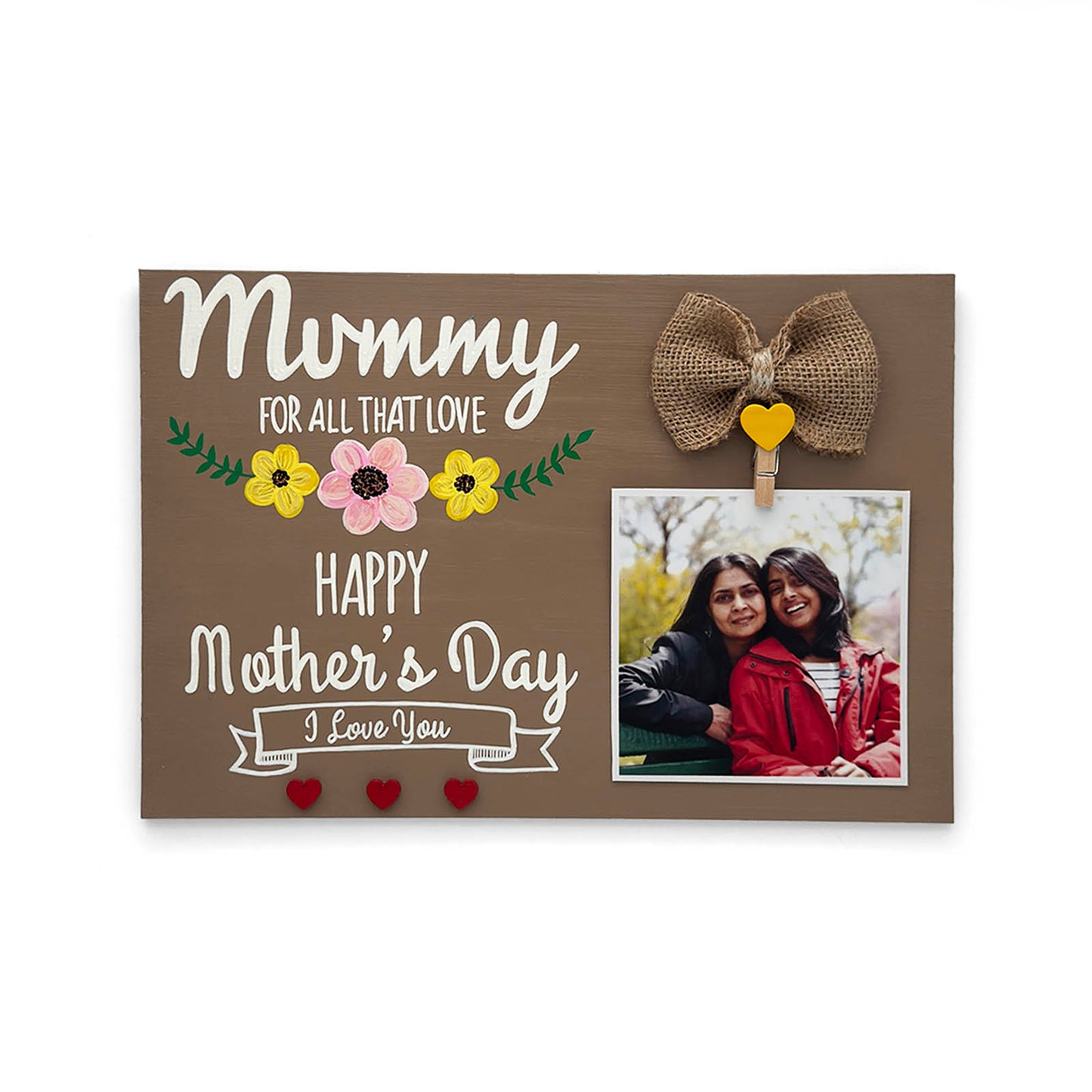 Mother's Day Hand-Painted Wooden Photo Holder - Light Brown