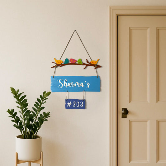 Birds Themed Hand-Painted Wooden Name Plate For Home - One Name Plank And One House Number Plank