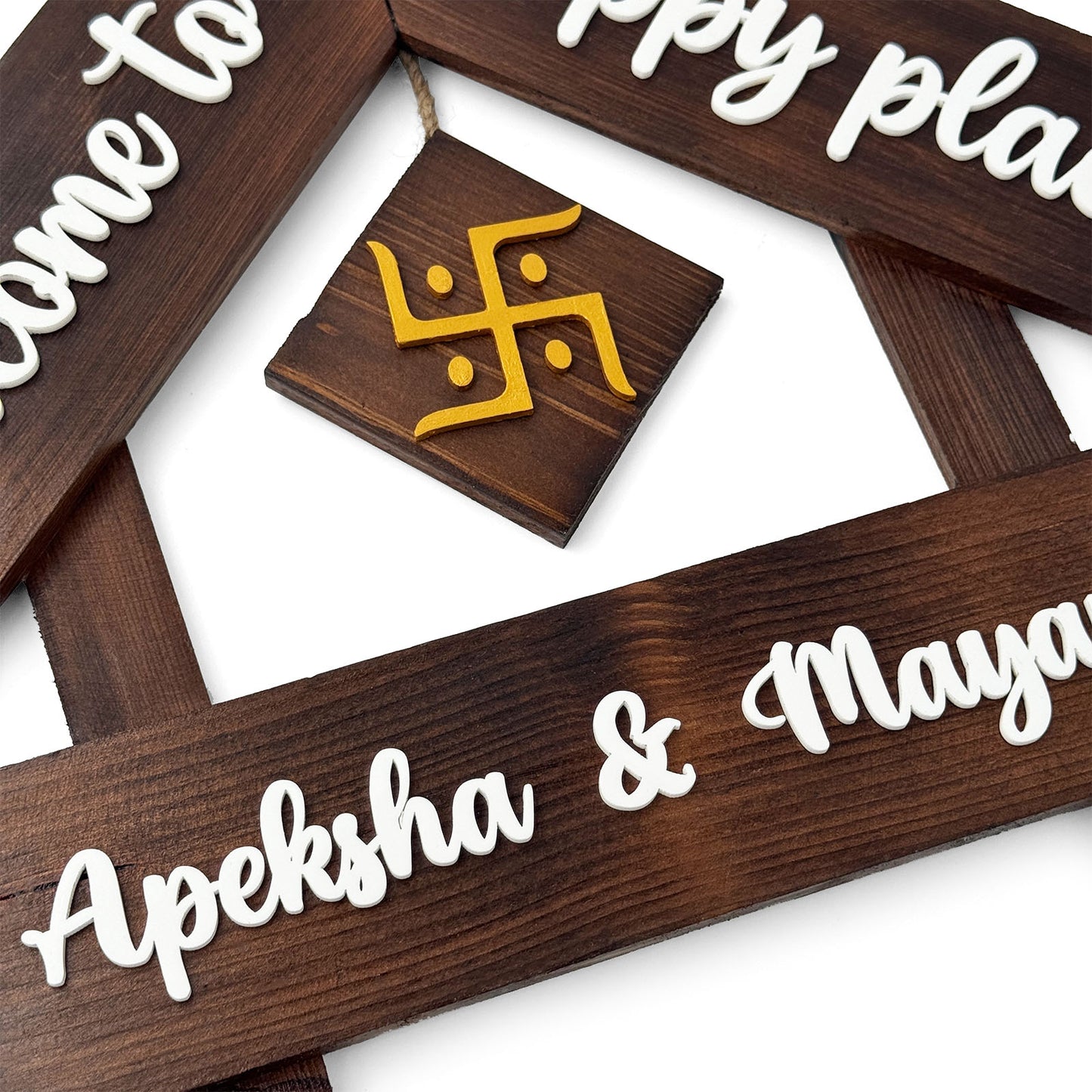 House With Roof And Single PlankHand-Painted Wooden Hut-Shaped Name Plate For Home - Wooden Finish