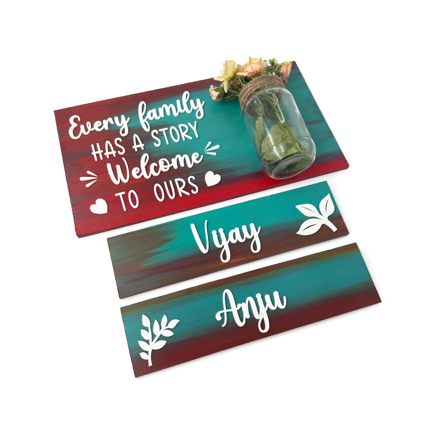 Every Family Has A Story Welcome To Ours Hand-Painted Wooden Name Plate With Jar For Home - Jar Board & Two Planks