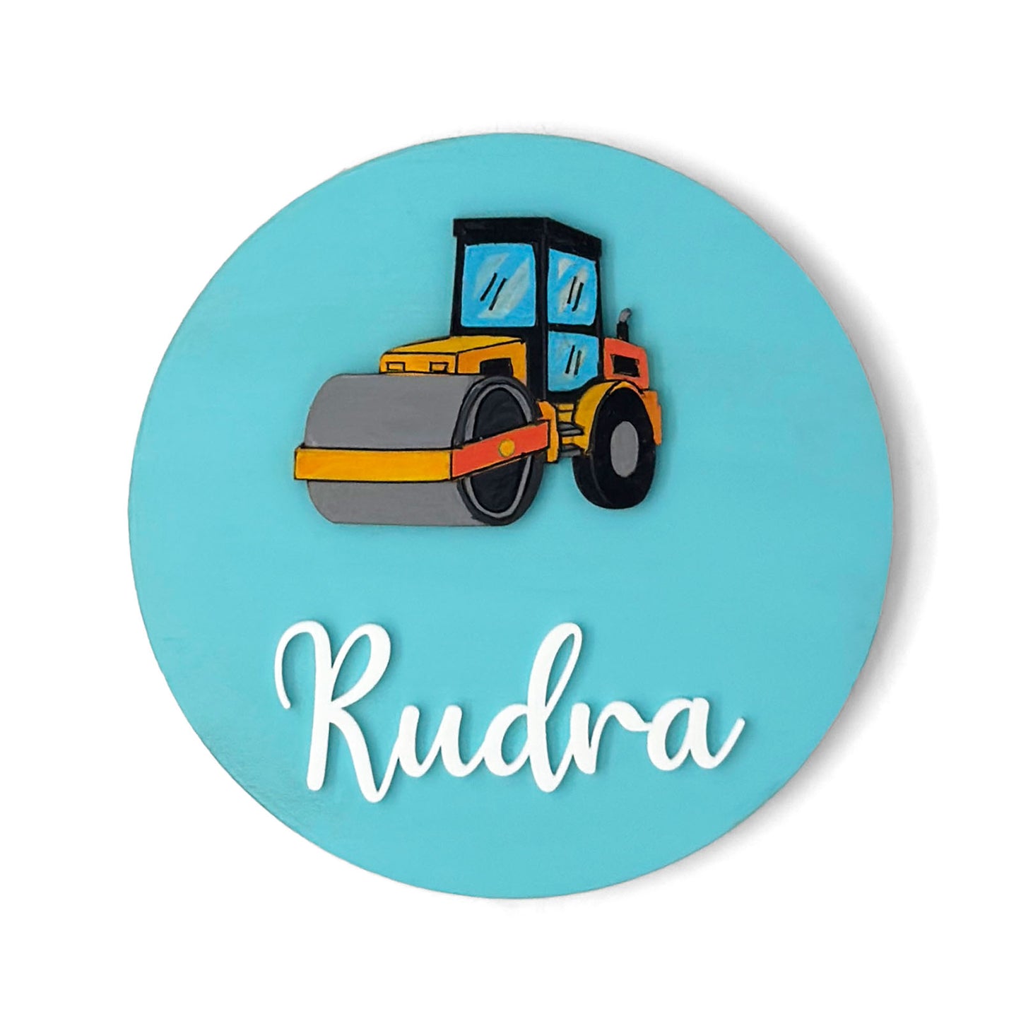 Road Roller Themed Hand-Painted Wooden Name Plate For Kids