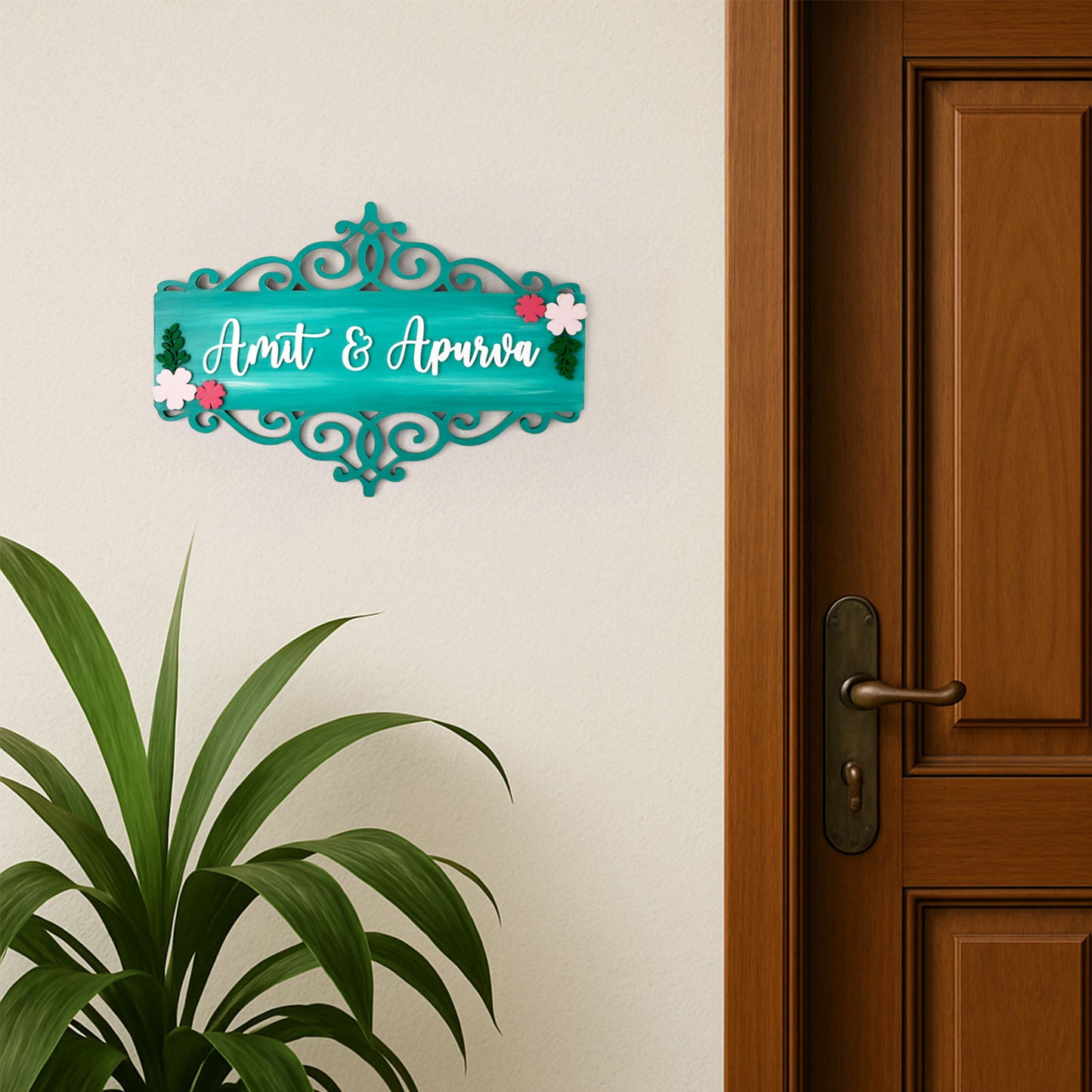 Flower Artwork Hand-Painted Wooden Floral Name Plate For Home