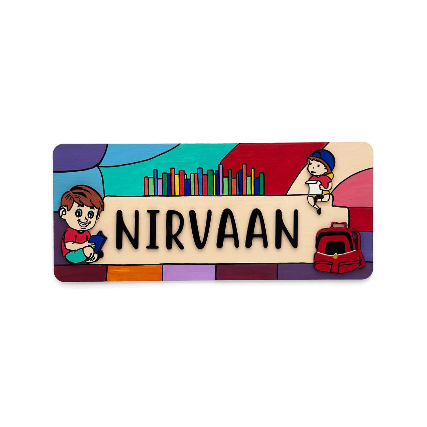 Boy Reading Book Hand-Painted Wooden Kids Name Plate