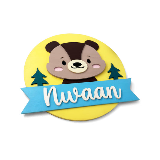 Bear Themed Hand-Painted Wooden Round Kids Name Plate - Design 2
