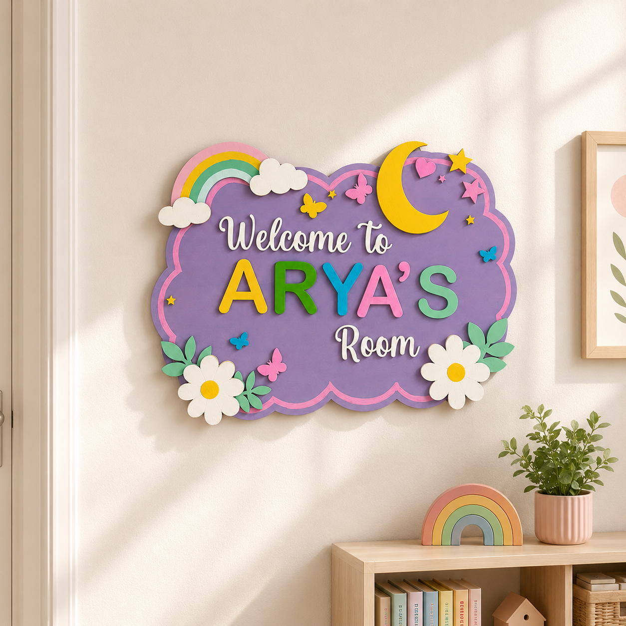 Rainbow & Flowers Themed Hand-Painted Wooden Scalloped Cloud Kids Name Plate - Design 1