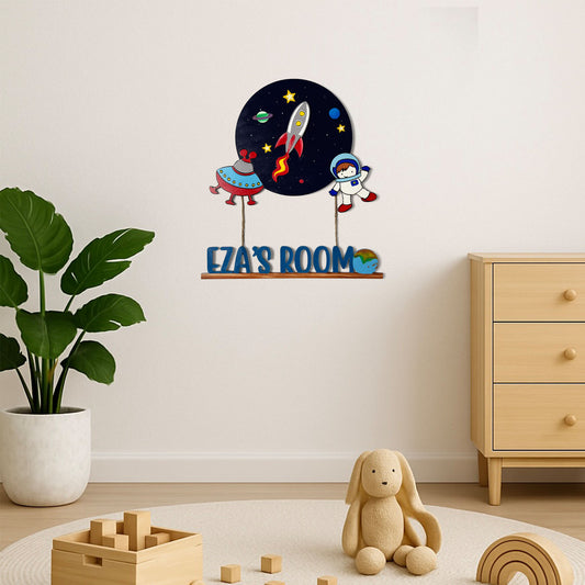 Space Themed Hand-Painted Wooden Kids Name Plate