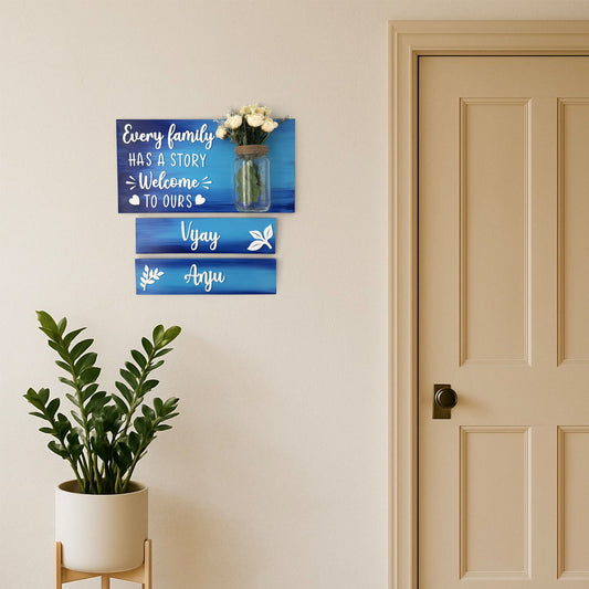 Every Family Has A Story Welcome To Ours Hand-Painted Wooden Name Plate With Jar For Home - Jar Board & Two Planks