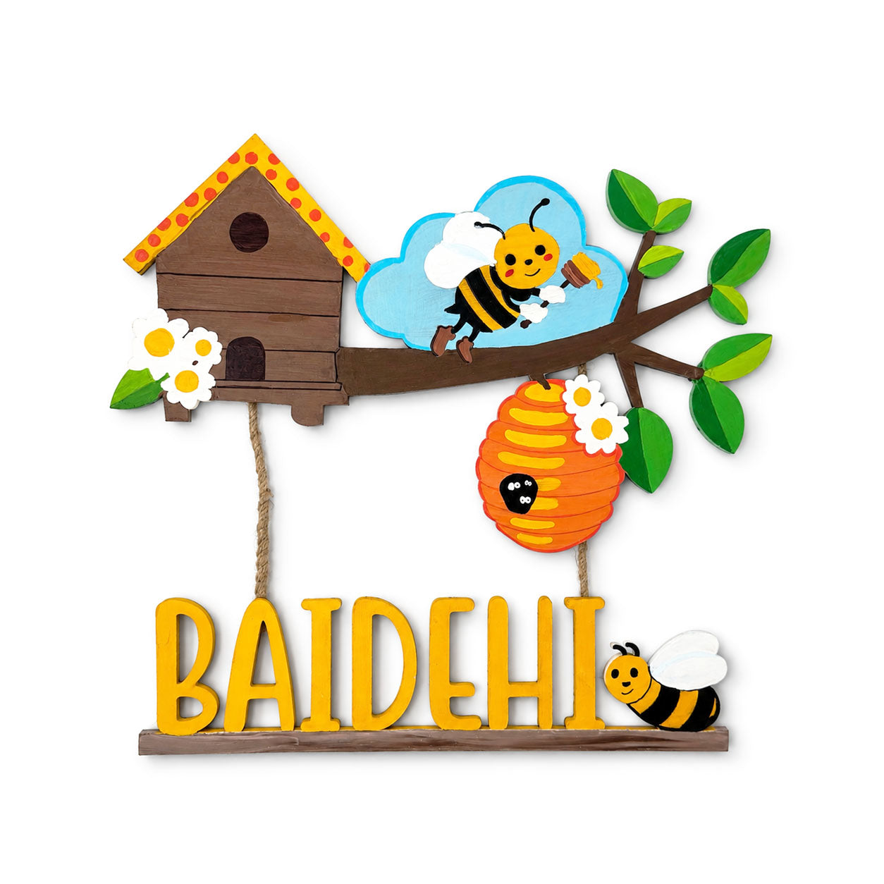 Honey Bee Themed Hand-Painted Wooden Kids Name Plate - Design 1