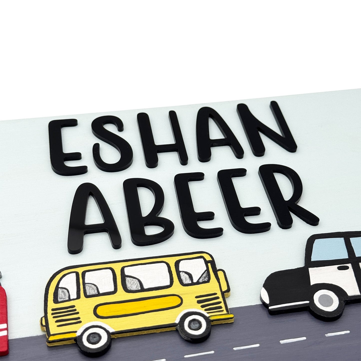 Vehicles Themed Hand-Painted Wooden Kids Name Plate - Light Blue