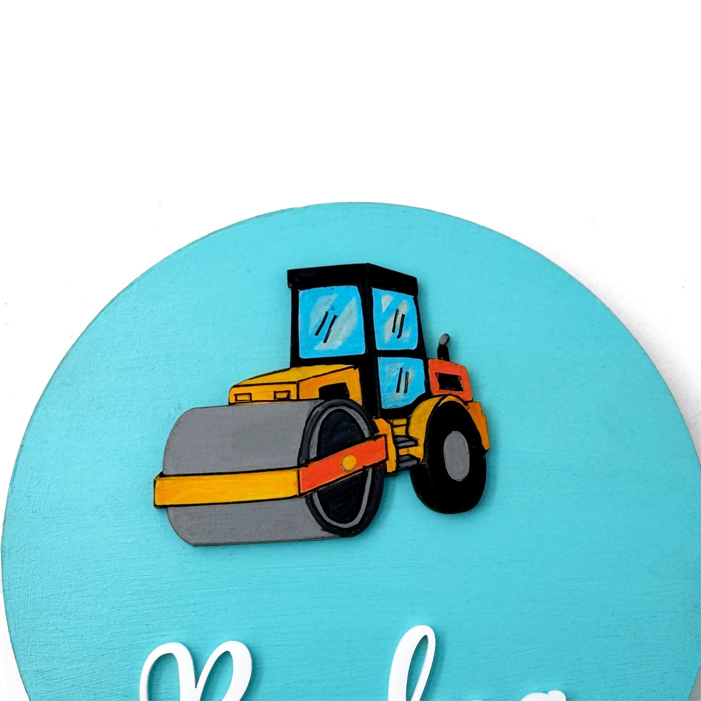 Road Roller Themed Hand-Painted Wooden Name Plate For Kids