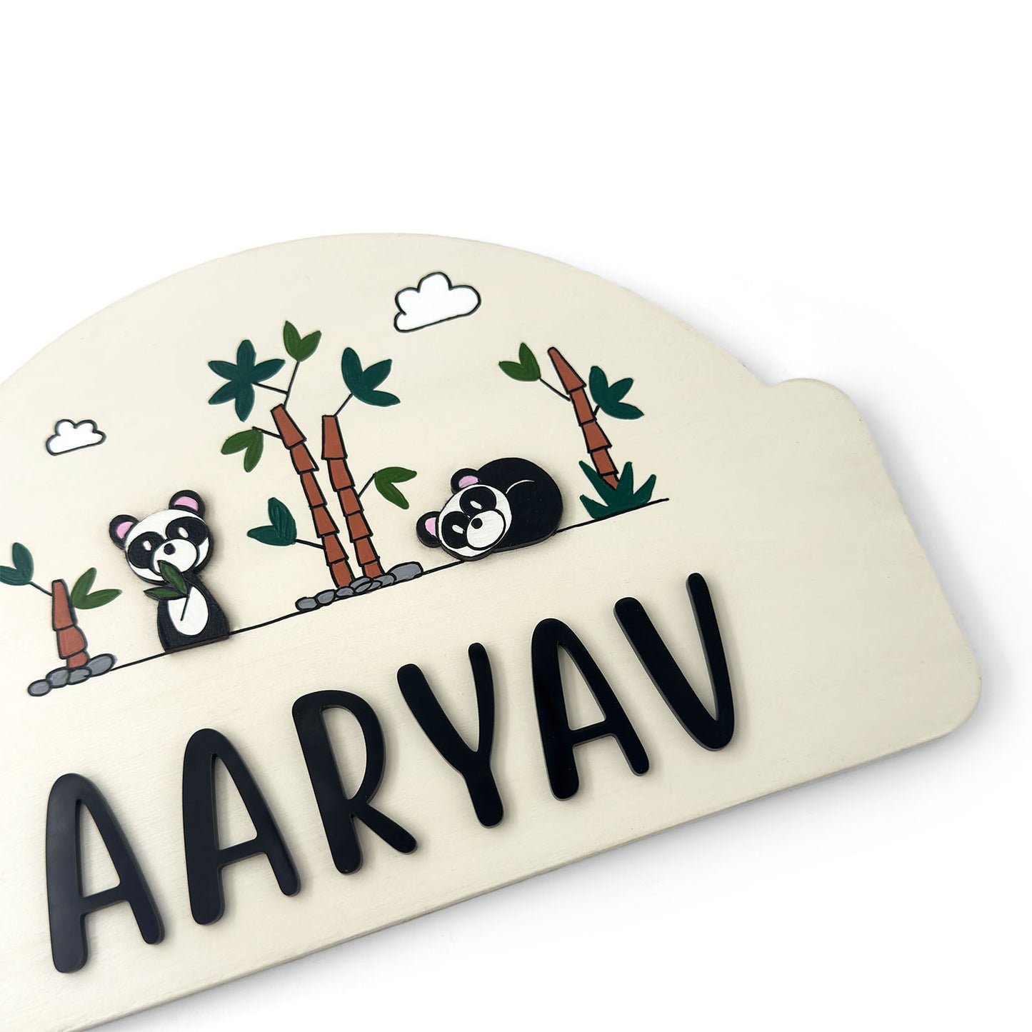 Panda Themed Hand-Painted Wooden Arch-Shaped Kids Name Plate