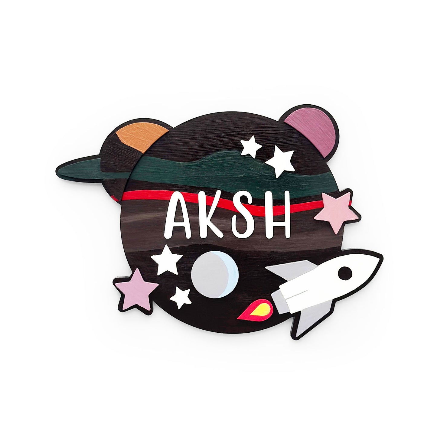Space Themed Hand-Painted Wooden Kids Name Plate - Brown
