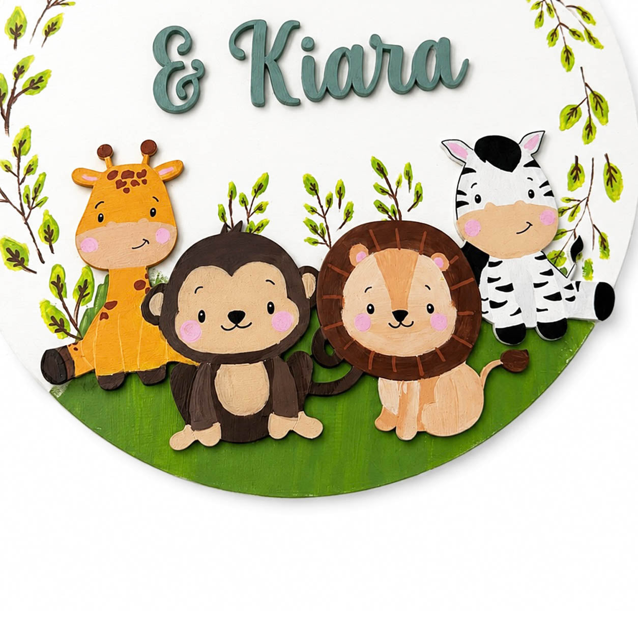 Animal Themed Hand-Painted Wooden Round Kids Name Plate - Design 7