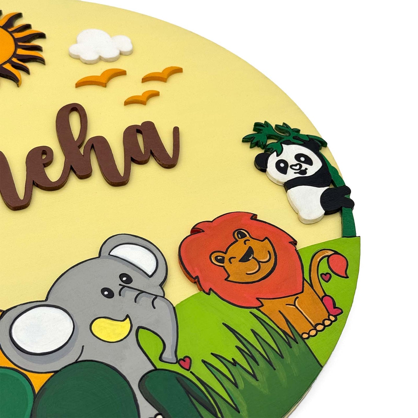 Animal Themed Hand-Painted Wooden Round Kids Name Plate - Design 3