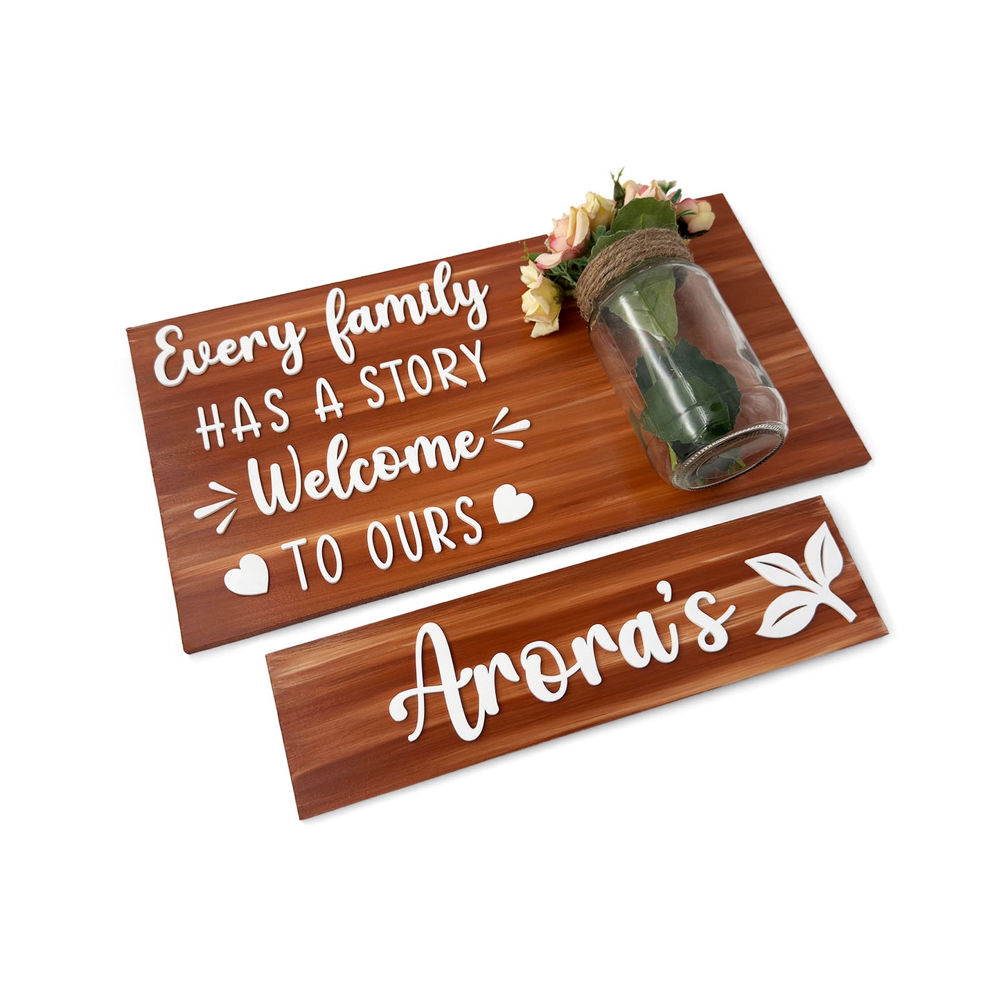 Every Family Has A Story Welcome To Ours Hand-Painted Wooden Name Plate With Jar For Home - Jar Board & One Plank