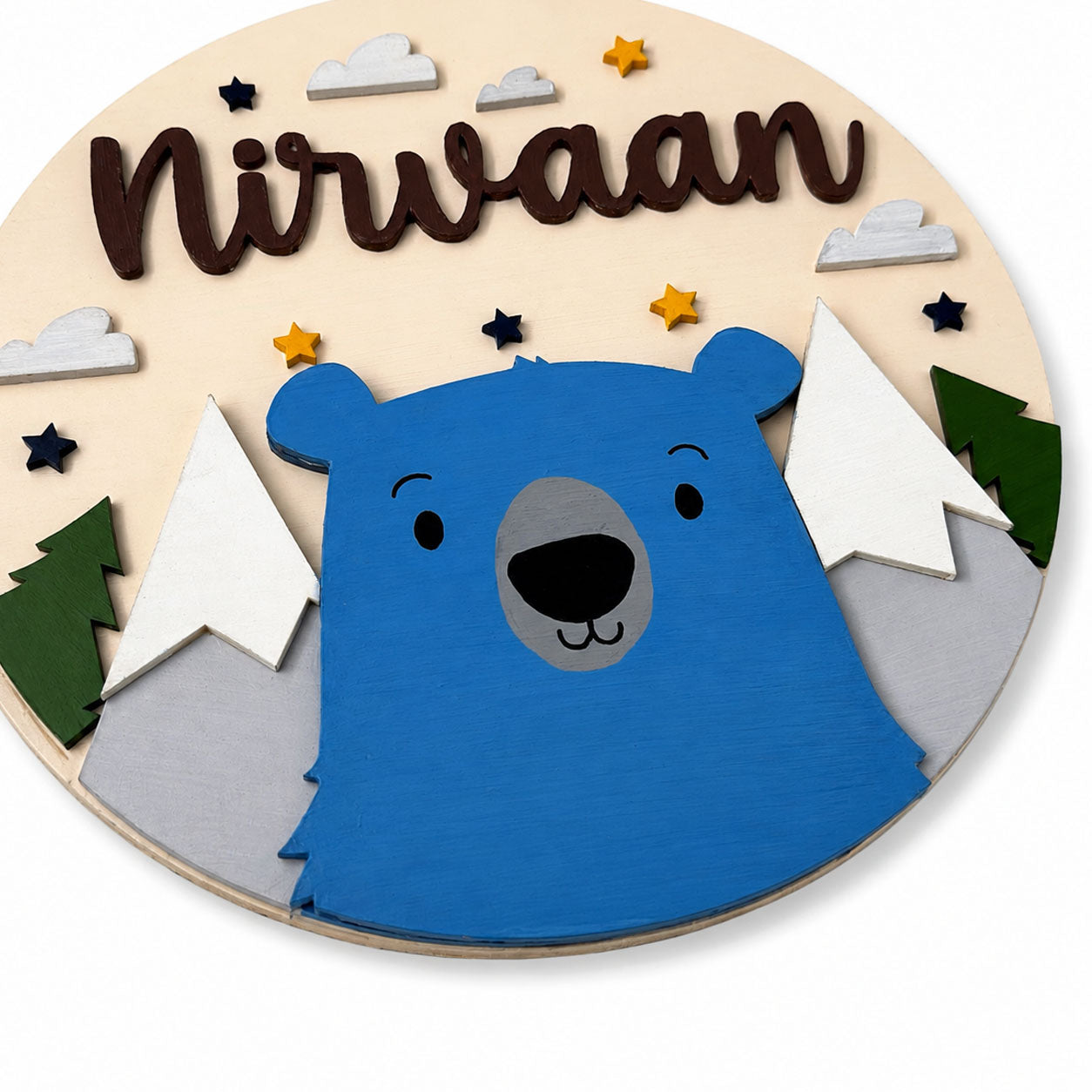 Blue Bear Themed Hand-Painted Wooden Round Kids Name Plate - Design 1