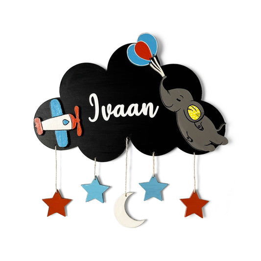 Cloud & Elephant Themed Hand-Painted Wooden Kids Name Plate
