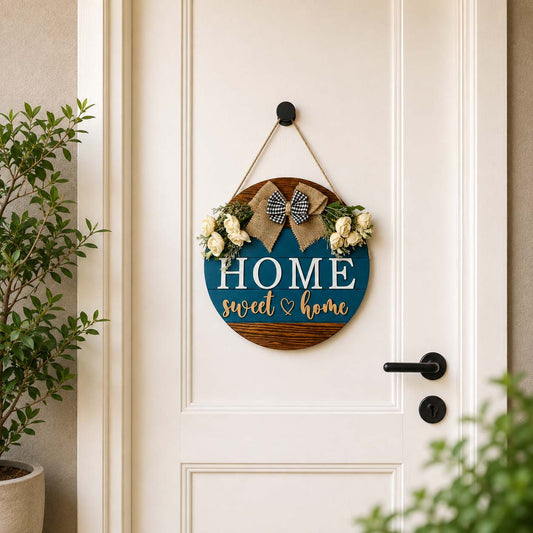 Home Sweet Home Hand-Painted Wooden Door Hanger - Blue & Wooden Finish