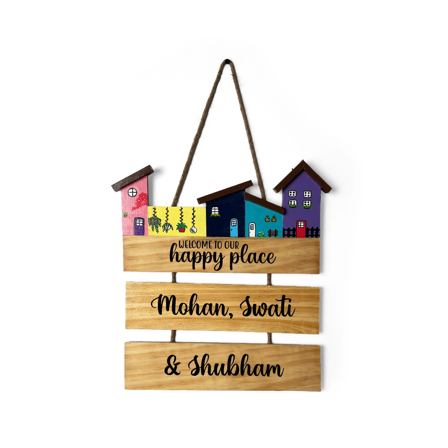 Hut-Shaped Hand-Painted Wooden Name Plate For Home - Hut Board & Two Planks Design 5
