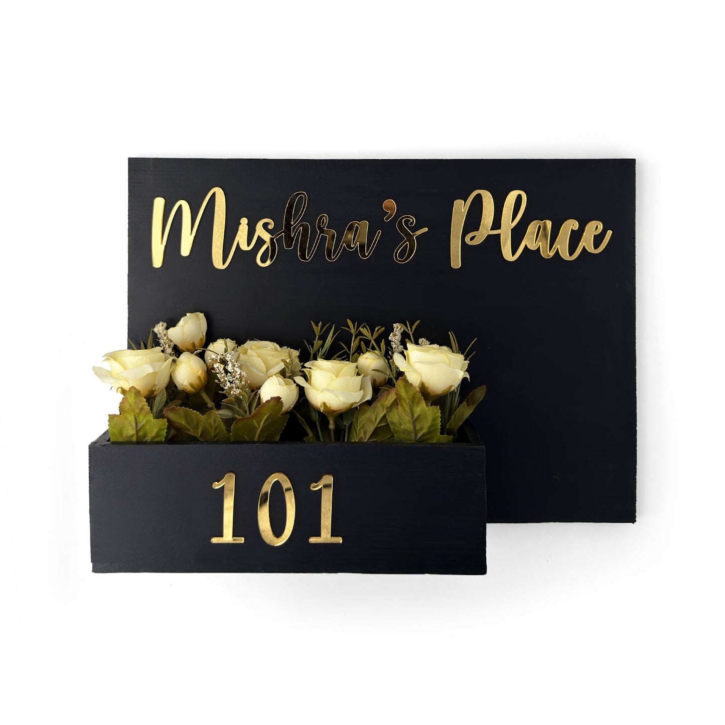 Rectangular Hand-Painted Wooden Planter Name Plate For Home - Black