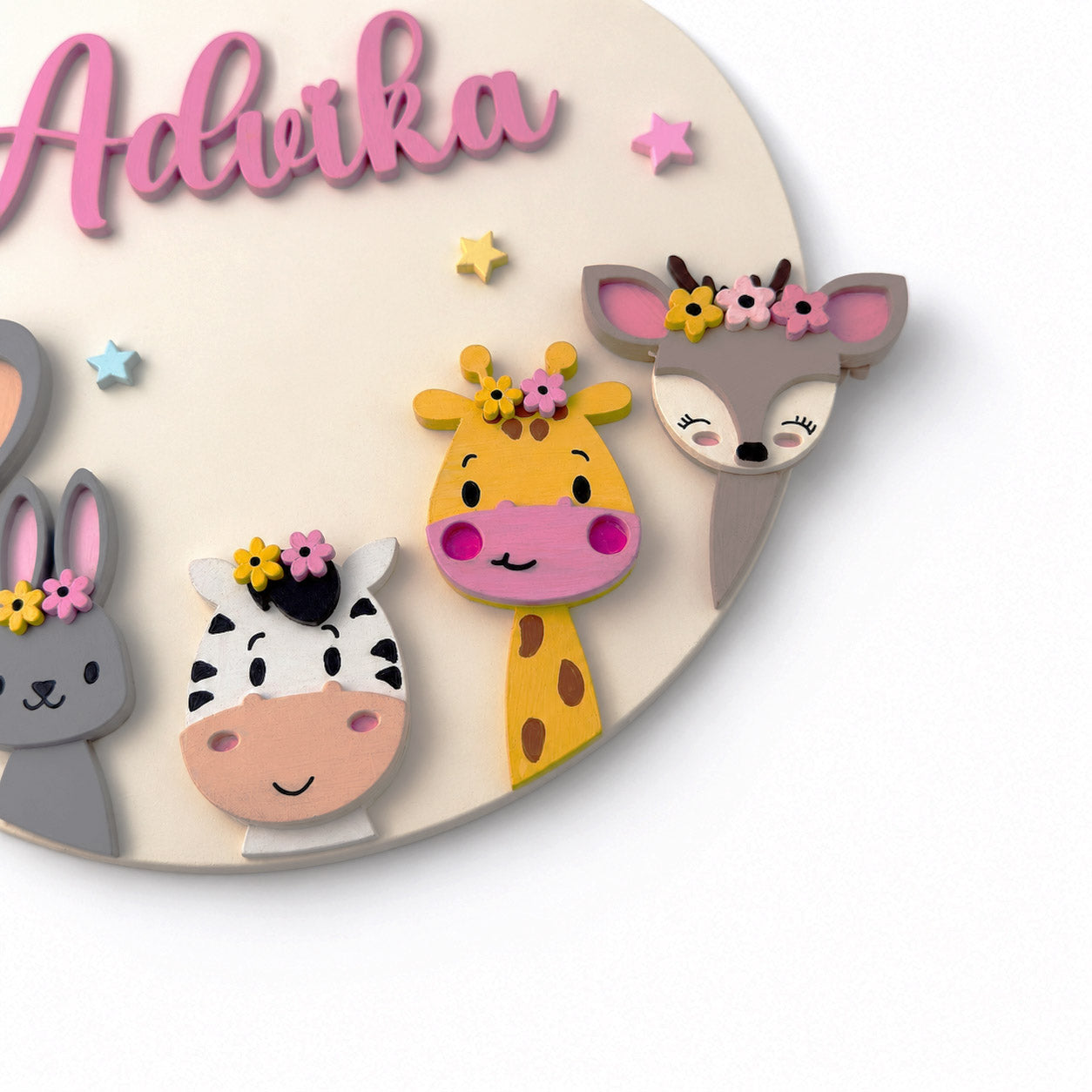 Animal Themed Hand-Painted Wooden Round Kids Name Plate - Design 9