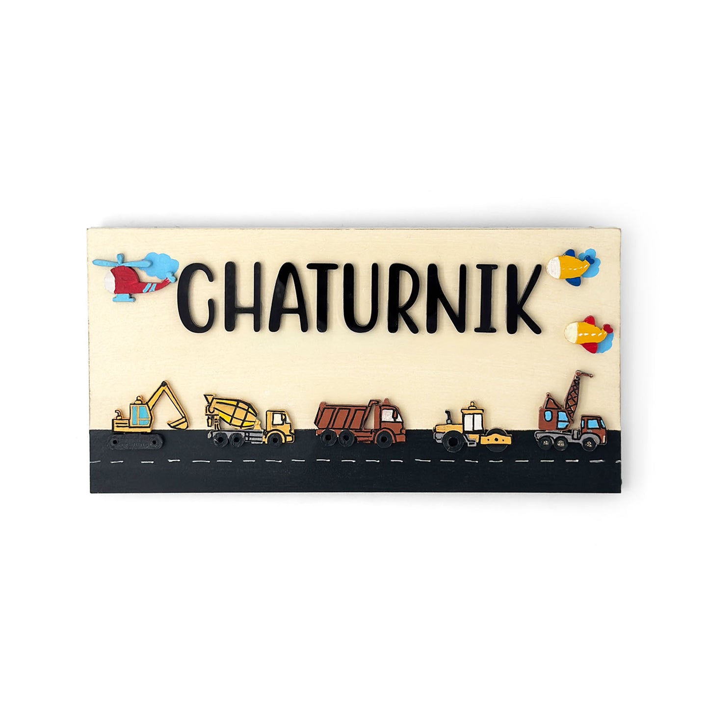 Construction Vehicles Themed Hand-Painted Wooden Kids Name Plate - Design 2
