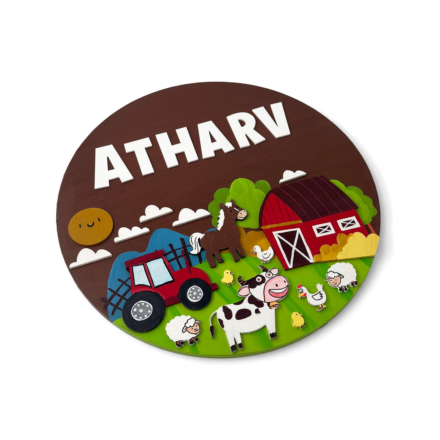 Farm Animals Themed Hand-Painted Wooden Round Kids Name Plate - Design 1