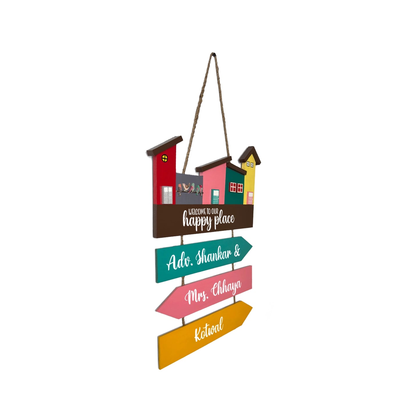 Hut-Shaped Hand-Painted Wooden Name Plate For Home - Hut Board & Three Planks Design 4