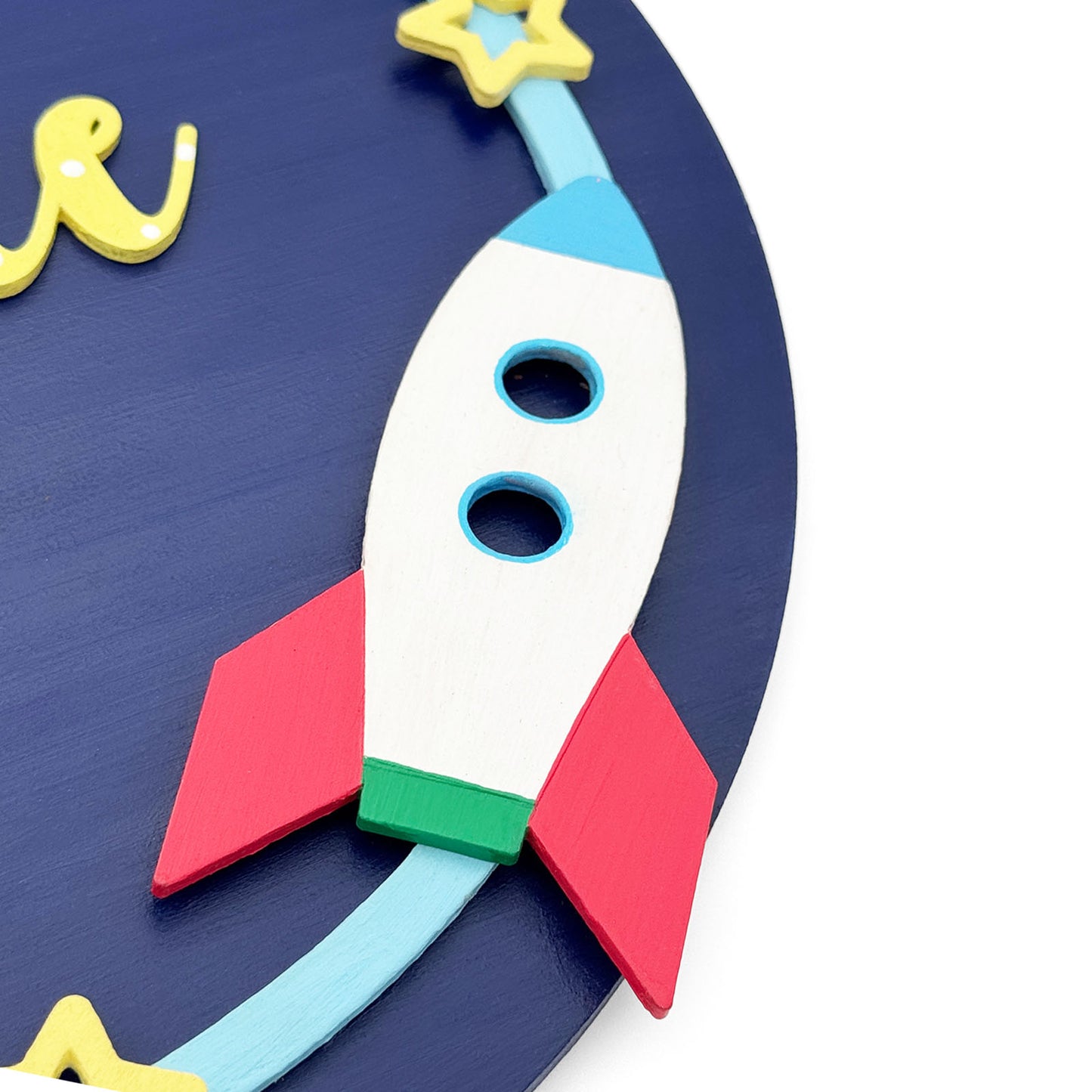 Space Themed Hand-Painted Wooden Round Kids Name Plate - Design 2