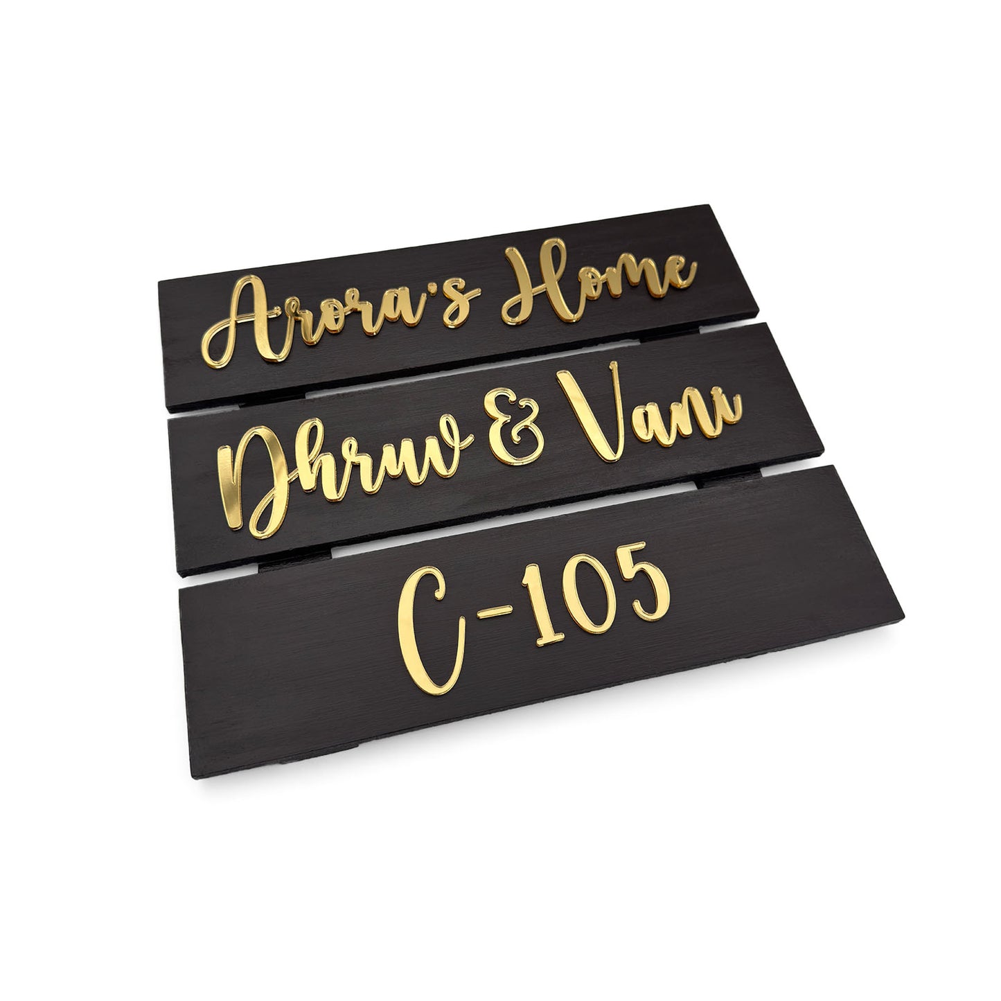 Hand-Painted Wooden Three Plank Name Plate For Home - Dark Brown