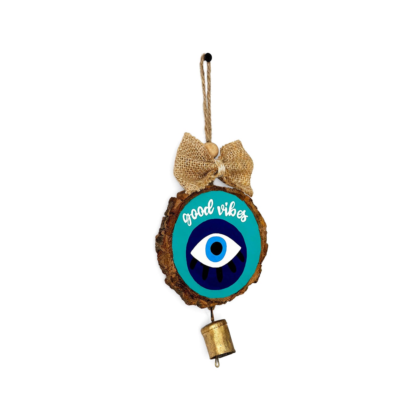 Good Vibes Evil Eye Hand-Painted Wooden Log Wall Hanging