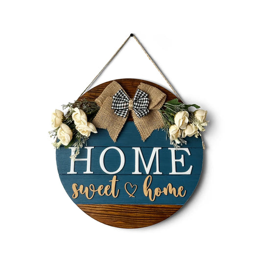 Home Sweet Home Hand-Painted Wooden Door Hanger - Blue & Wooden Finish