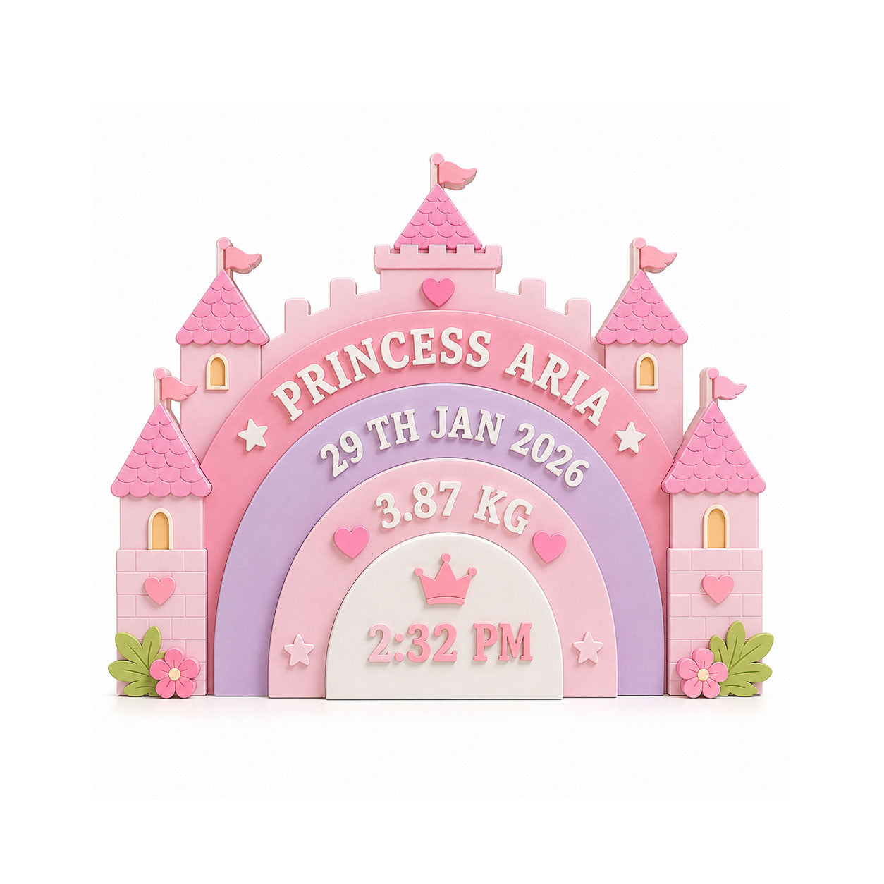 Princess Castle Themed Hand-Painted Wooden Personalised Baby Birth Details Name Plate