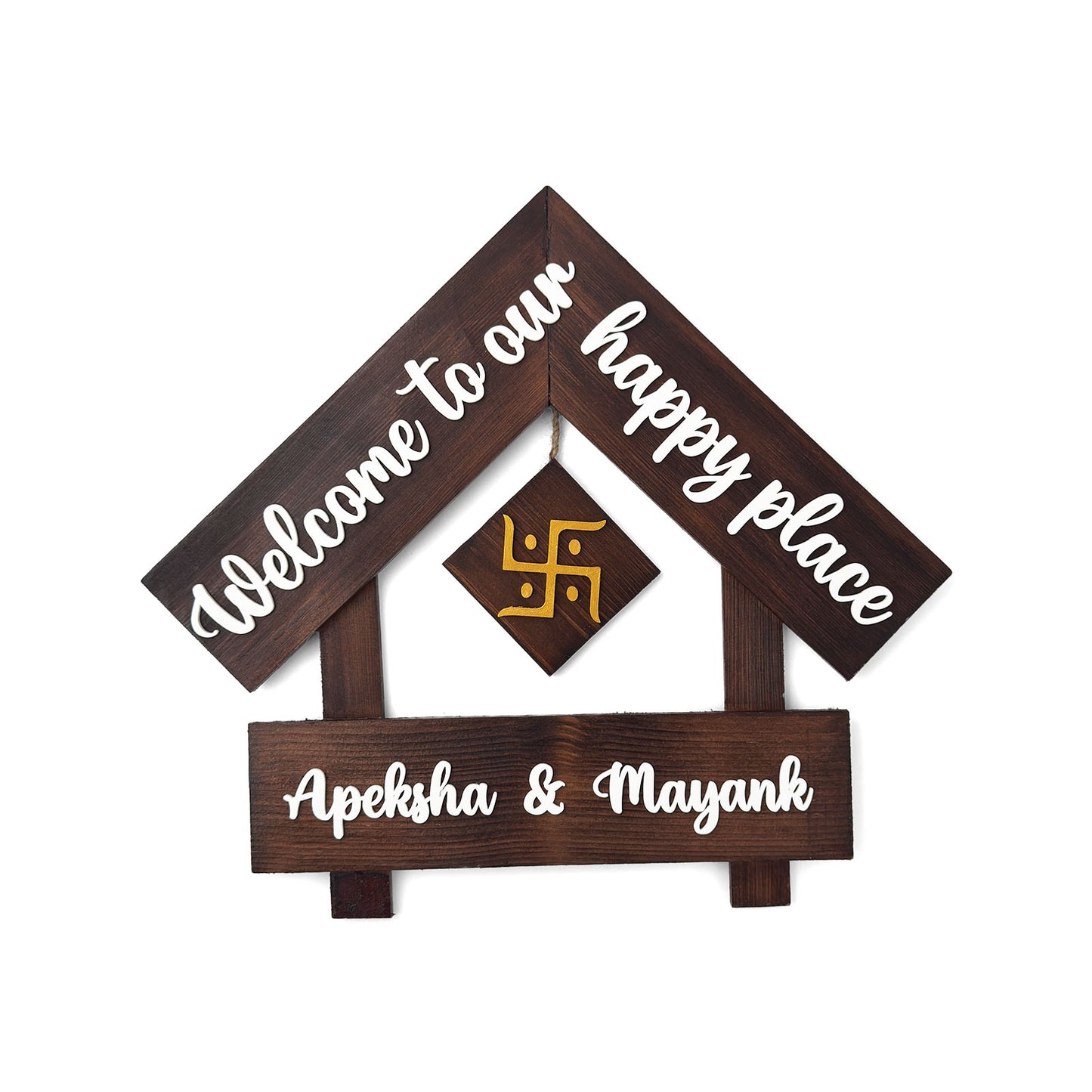 House With Roof And Single PlankHand-Painted Wooden Hut-Shaped Name Plate For Home - Wooden Finish