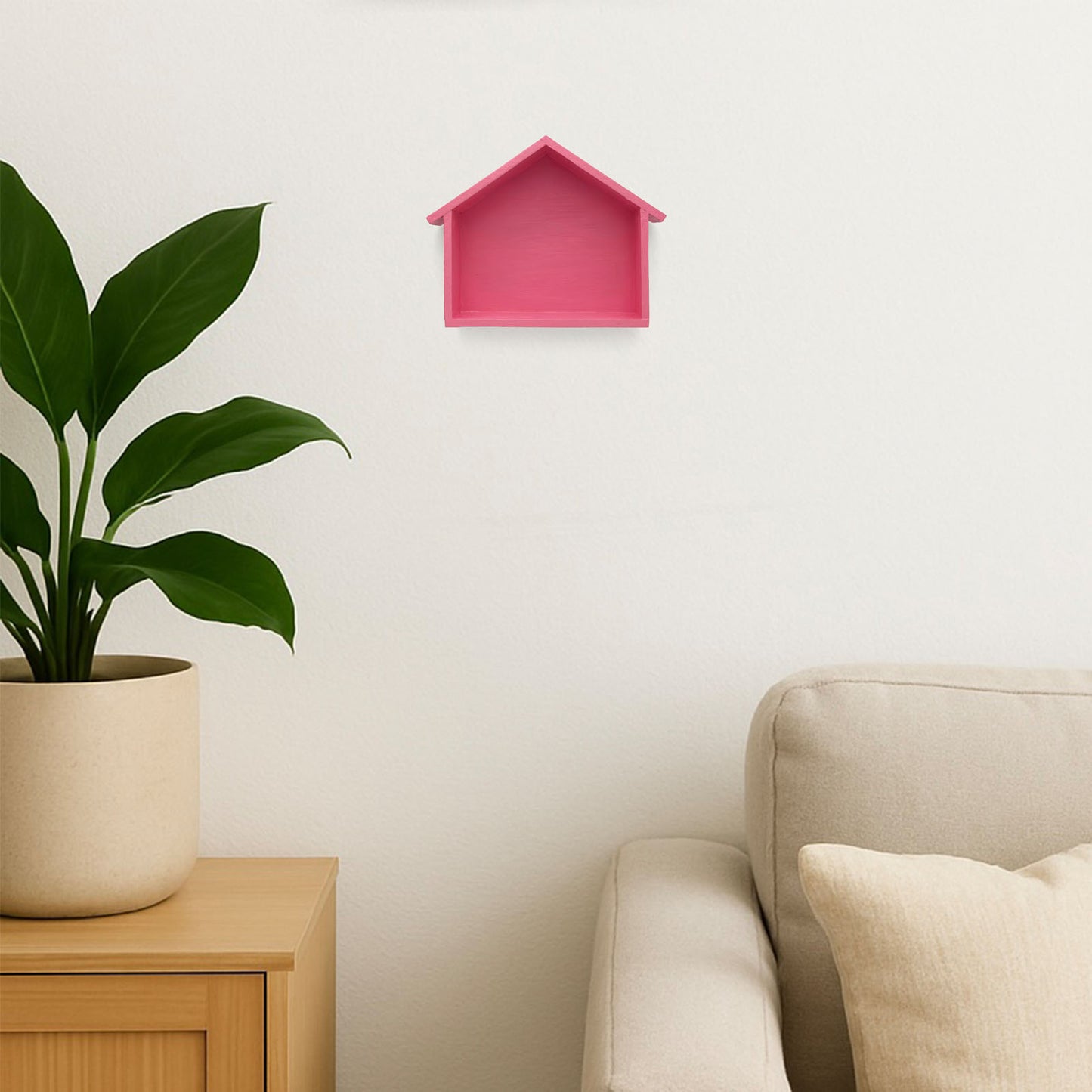 Hut Shaped Hand-Painted Wooden Wall Shelf - Pink