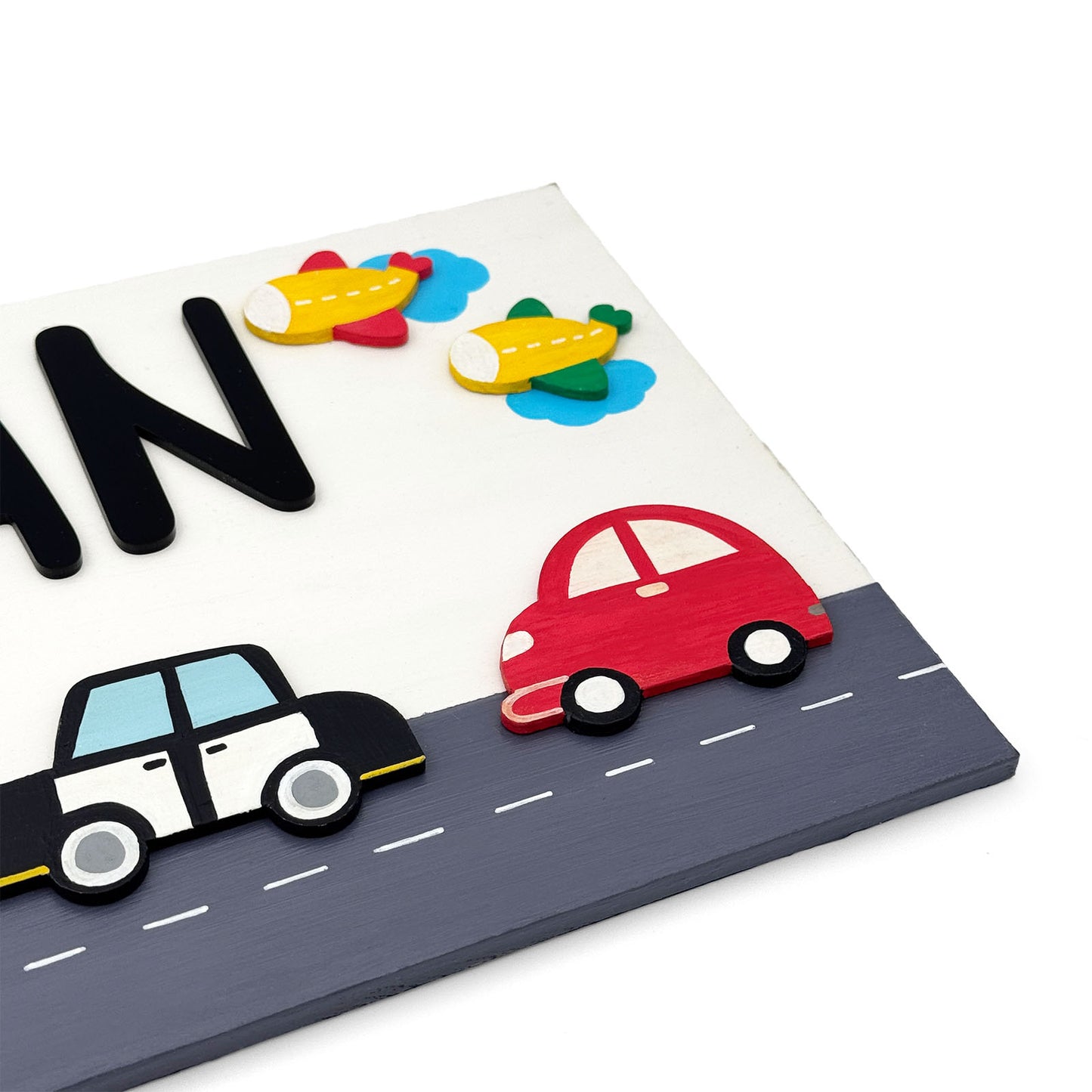 Vehicles Themed Hand-Painted Wooden Kids Name Plate - White