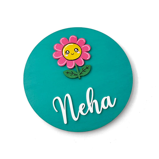 Flower Themed Hand-Painted Wooden Name Plate For Kids