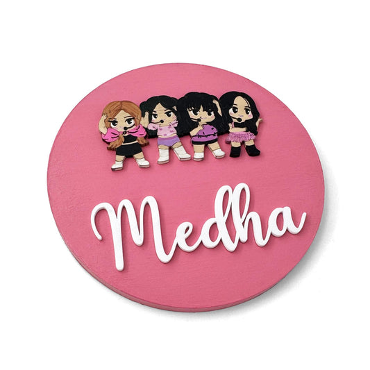 Black Pink Themed Hand-Painted Wooden Name Plate For Kids